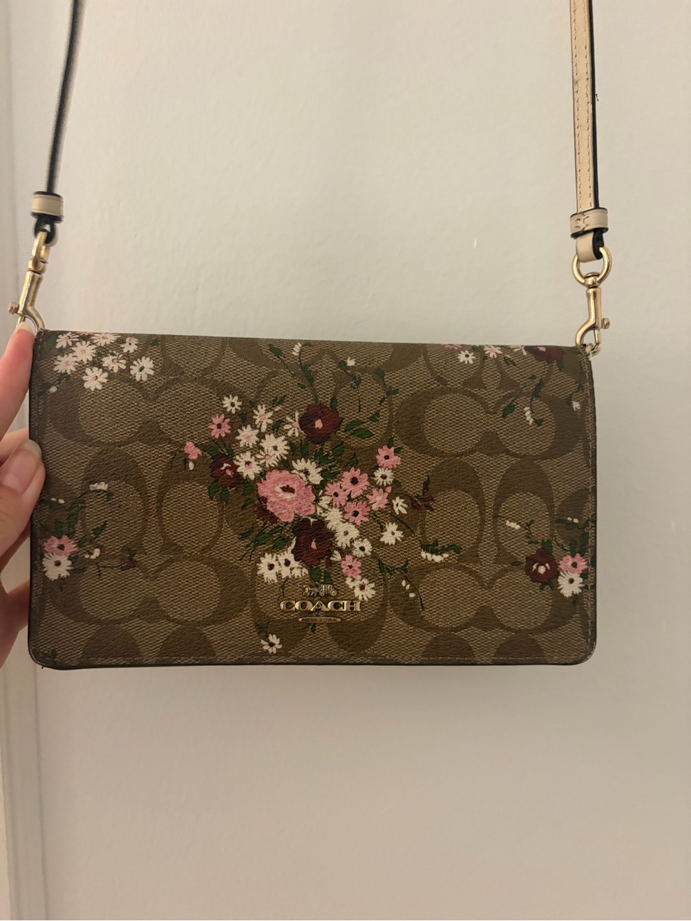 Coach Brown Floral Signature Crossbody with Pink Accents